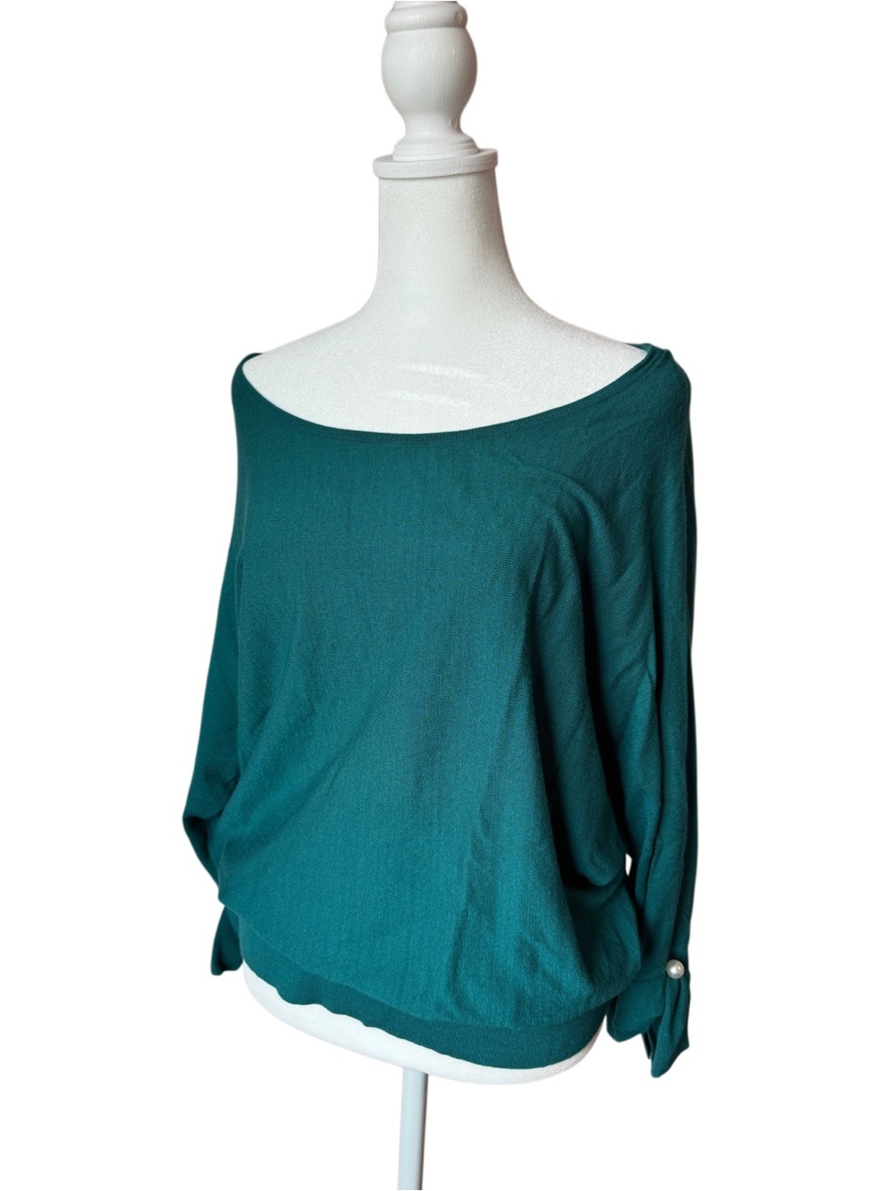 New York & Company Teal Off Shoulder Sweater XL Pearl Bow Cuffs